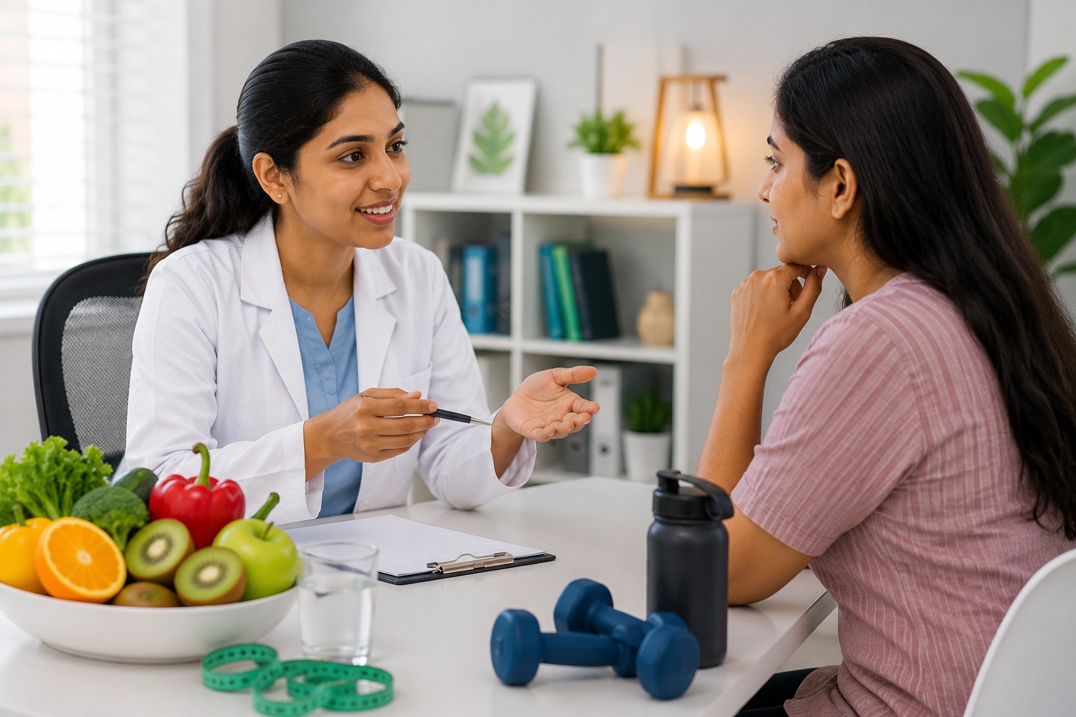 Doctor discussing diet and lifestyle changes with a patient during a health education consultation